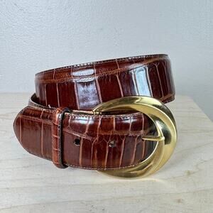 Vtg Brighton Belt Brown Croc Embossed Wide Large 32-34” Gold Hardware 90s